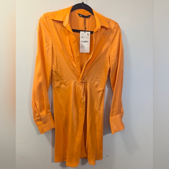Neon Orange, Twisted V Neck, Long Sleeve Satin Dress, Size XS - Picture 3 of 3
